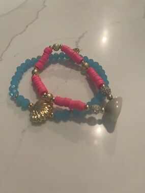 Lilly Pulitzer Pink and Aqua Shell Charm Stackable Bracelet Set
